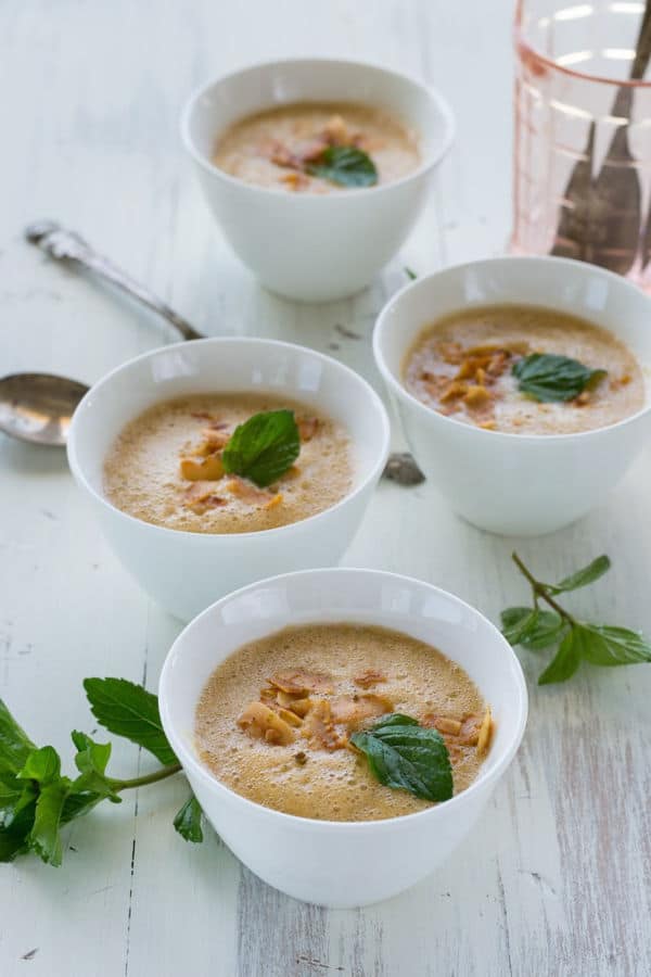 Chilled Melon Mint Soup with Toasted Sriracha Coconut