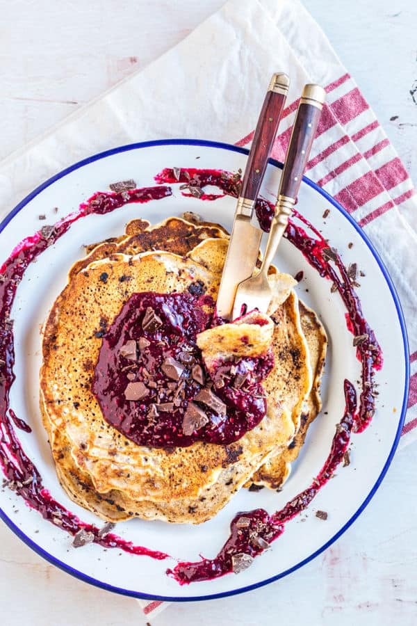 Chocolate Chip Pancakes with Smooth and Zingy Mixed Berry Sauce