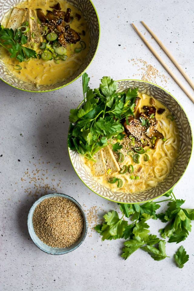 Coconut Curry Ramen Noodles with Marinated Mushrooms