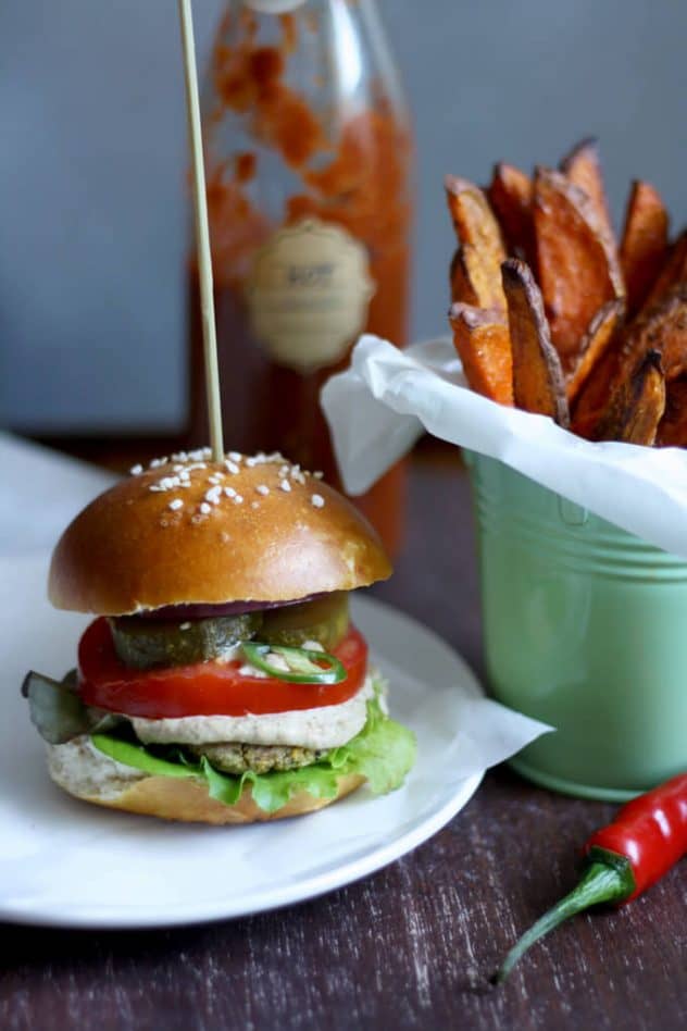 Falafel Burger with Tahini Sauce and Sweet Potato Fries