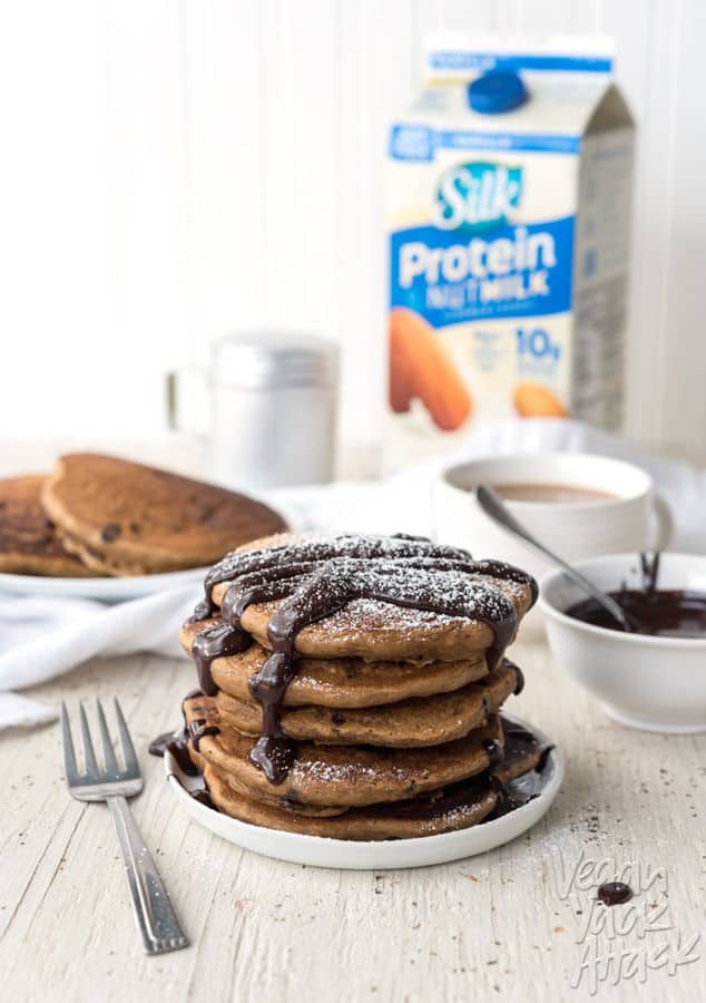 Fluffy Mocha Pancakes with Easy Chocolate Sauce