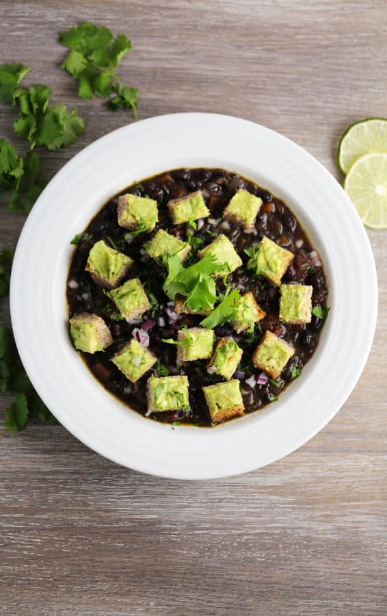 Instant Pot Black Bean Soup with Avocado Croutons