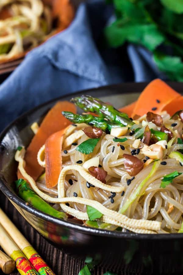 Korean Glass Noodle Stir-Fry with Tofu Slices (JapChae)