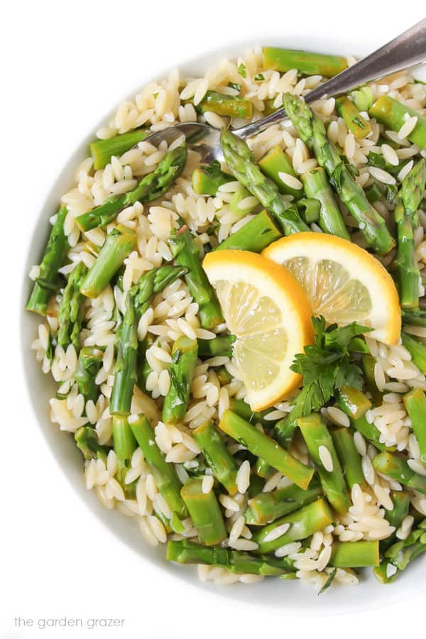 Lemon Garlic Orzo with Asparagus