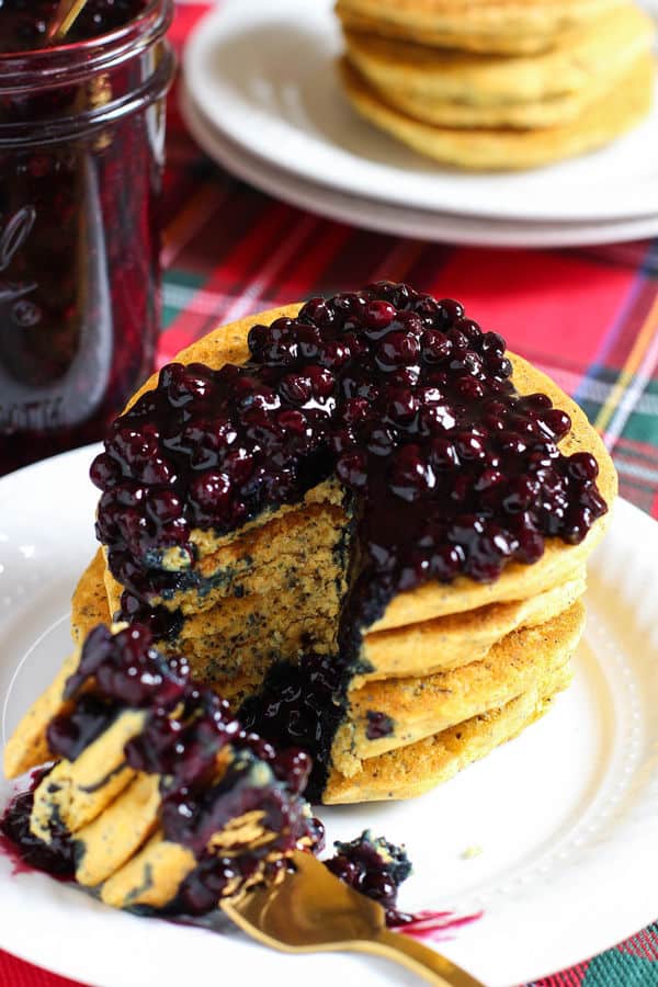 Lemon Poppy Seed Cornmeal Pancakes with Blueberry Compote