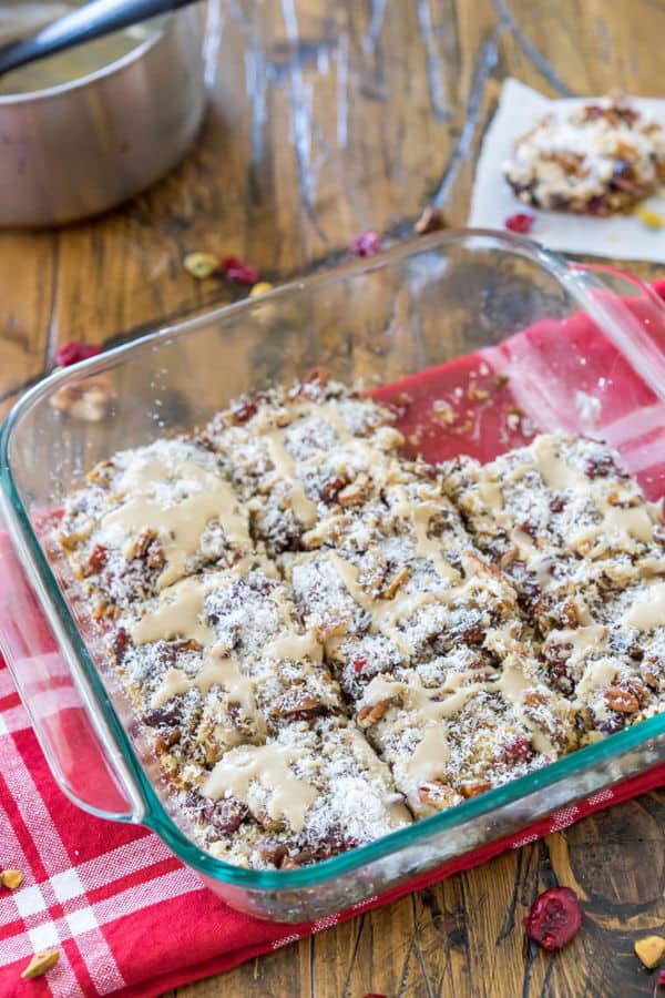 Magic Fruit Cake Bars with White Chocolate Drizzle