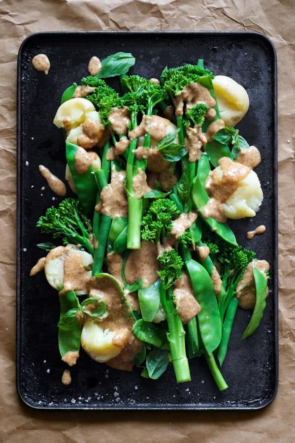 Magic Miso Almond Sauce on Steamed Greens and New Potatoes
