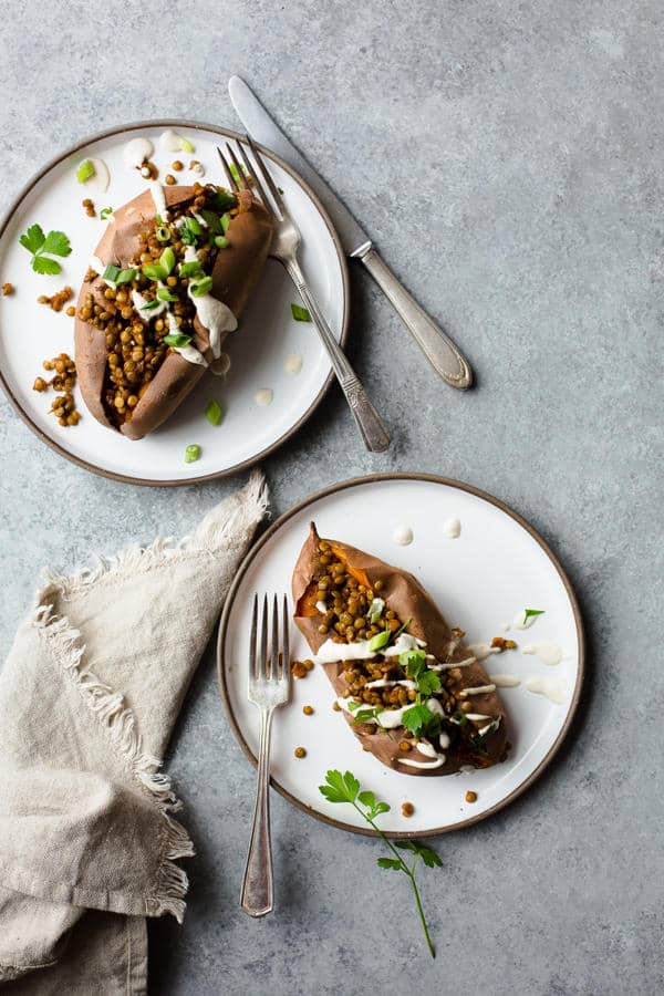 Miso BBQ Lentil Stuffed Sweet Potatoes