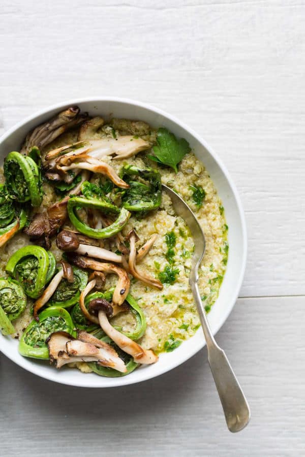 Mushroom and Fiddlehead Quinoa Risotto with Parsley Oil