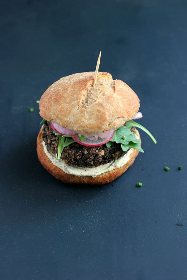 Mushroom Lentil Burgers with Quick Pickled Onions and Grainy Mustard Aioli