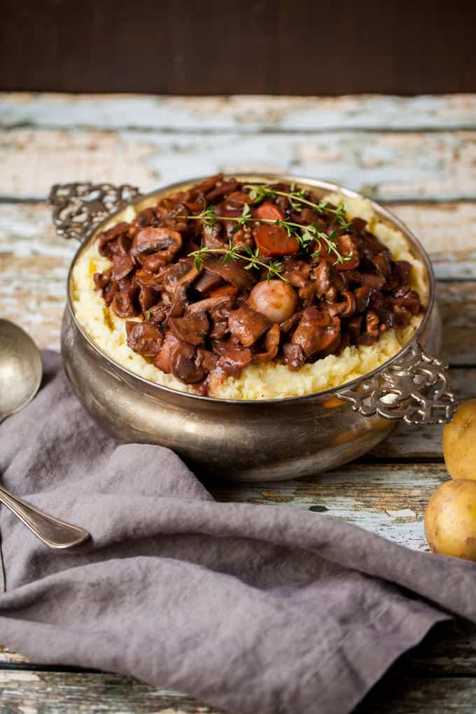 Mushroom Walnut Bourguignon with Cauliflower Mash