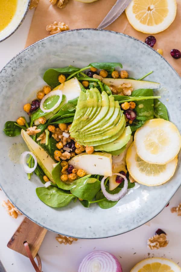 Pear Salad With Crispy Chickpea Croutons And Lemon-Mustard Vinaigrette