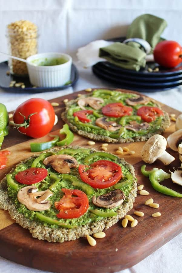 Raw Pizza with Spinach Pesto and Marinated Vegetables