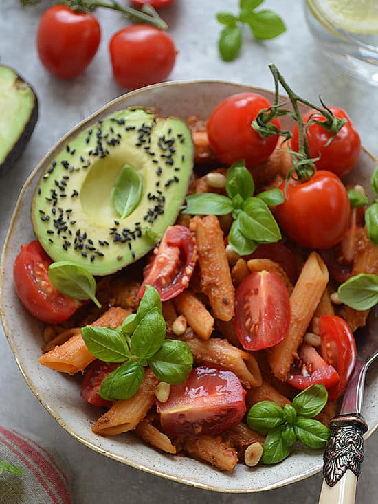 Red Lentil Pasta with Aubergine and Red Pepper Sauce (Gluten-Free)