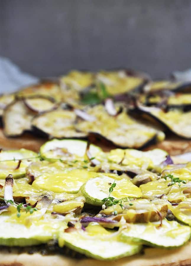 "Red" Tomato Eggplant Pizza and ""Green" Zucchini Pesto Pizza