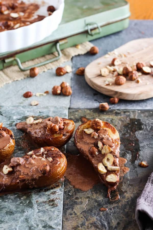 Roasted Pears with Dark Chocolate Hazelnut Sauce