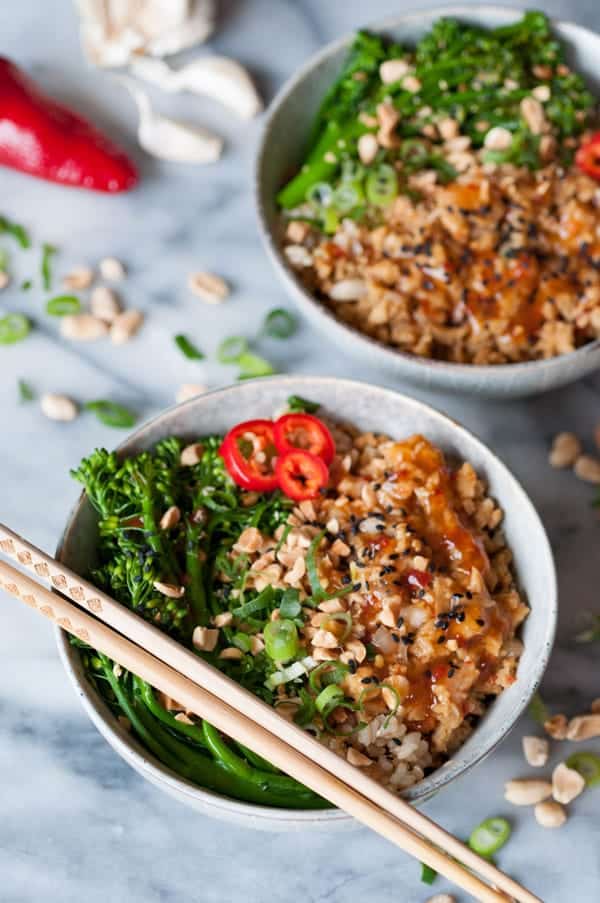 Spicy Vegan Orange Ground Chik’n Bowls