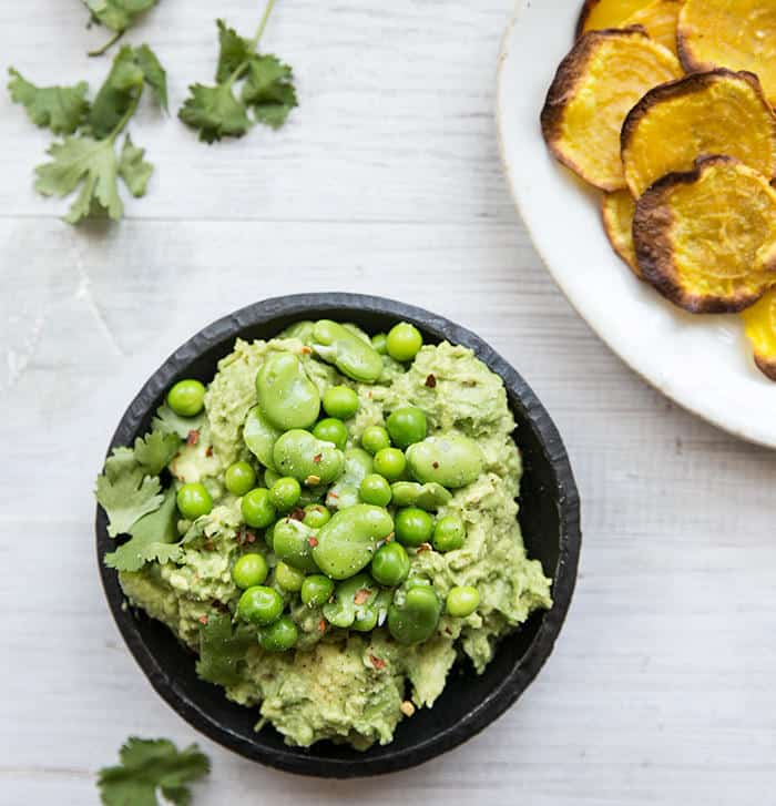 Spring Pea and Fava Bean Guacamole with Root Chips