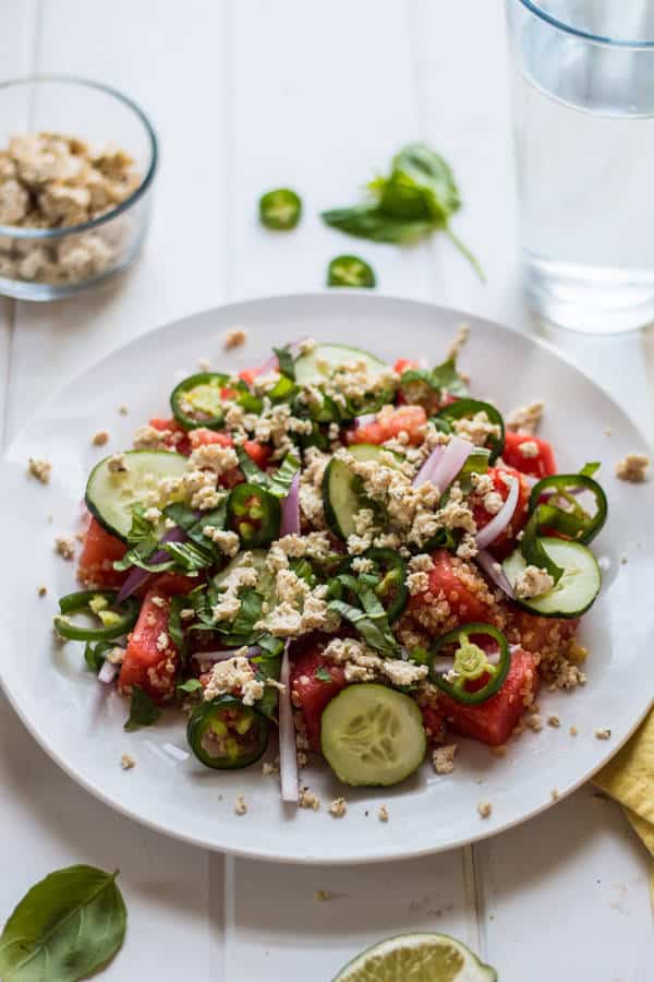 Watermelon Salad with Quinoa and Herbed Tofu Feta