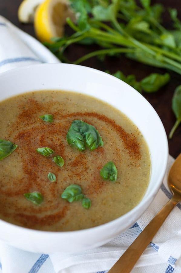 Spicy Green Cauliflower and Brussels Sprout Soup