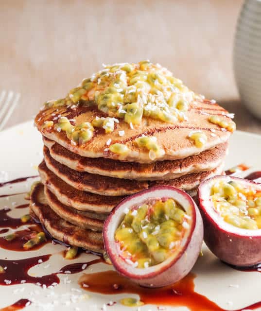 Banana Coconut Pancakes with Passion Fruit