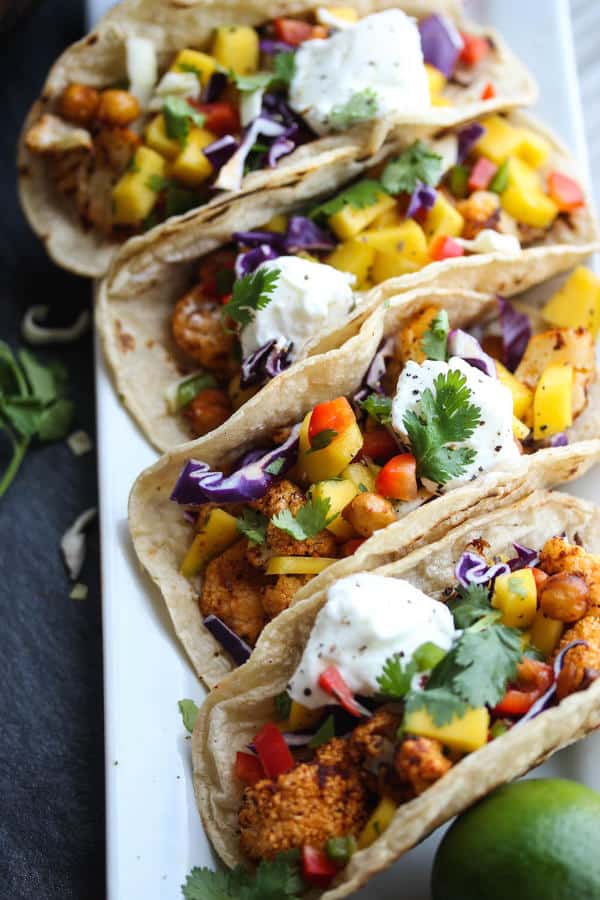 Chili Cauliflower Chickpea Tacos with Mango Salsa