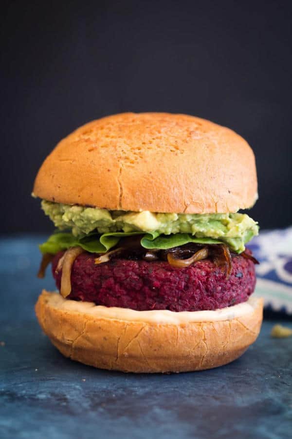 Beet Chickpea Burgers with Harissa Spread