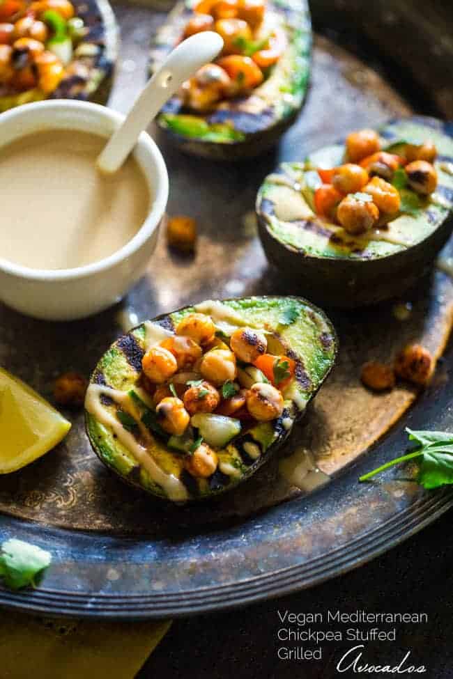 Mediterranean Grilled Avocado Stuffed with Chickpeas and Tahini