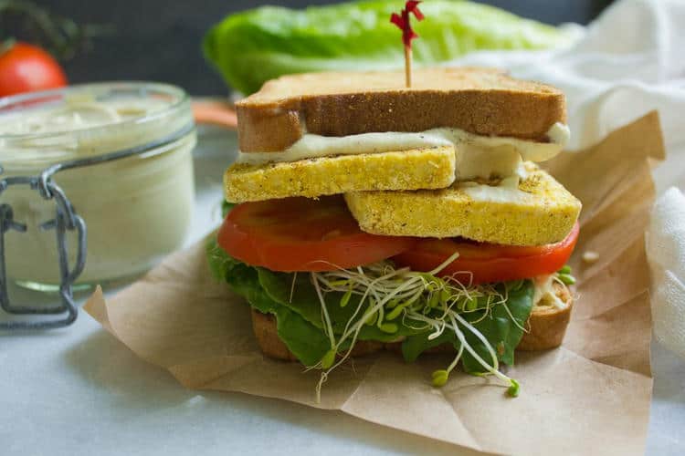 Oil Free Fried Tofu Sandwich with Roasted Garlic Aioli (Gluten-Free)