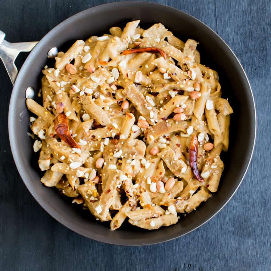 Seitan and Pasta in Spicy Peanut Sauce