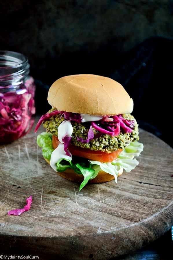 Spicy Lentil Veggie Burger with Pickled Cabbage