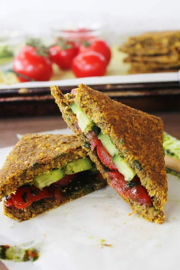 Tomato Cucumber Sandwich on Onion and Corn Bread with Olive and Kale Tapenade