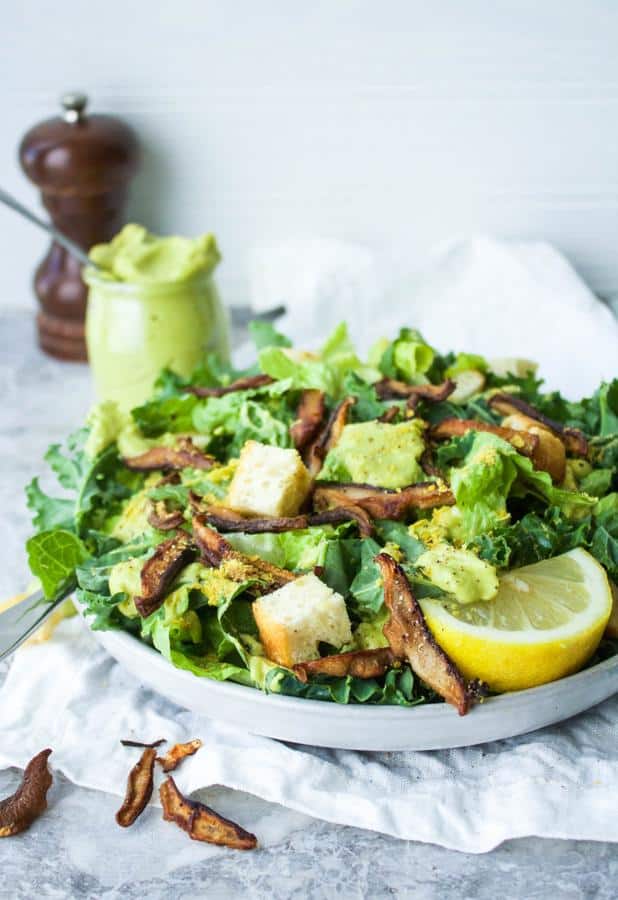 Avocado Caesar with Shiitake Bacon