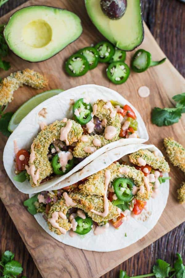 Baked Avocado Tacos with Roasted Veggie Salsa