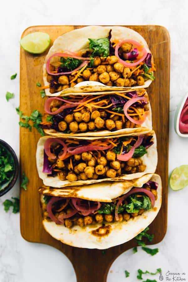 BBQ Chickpea Tacos with Kale Cabbage Slaw