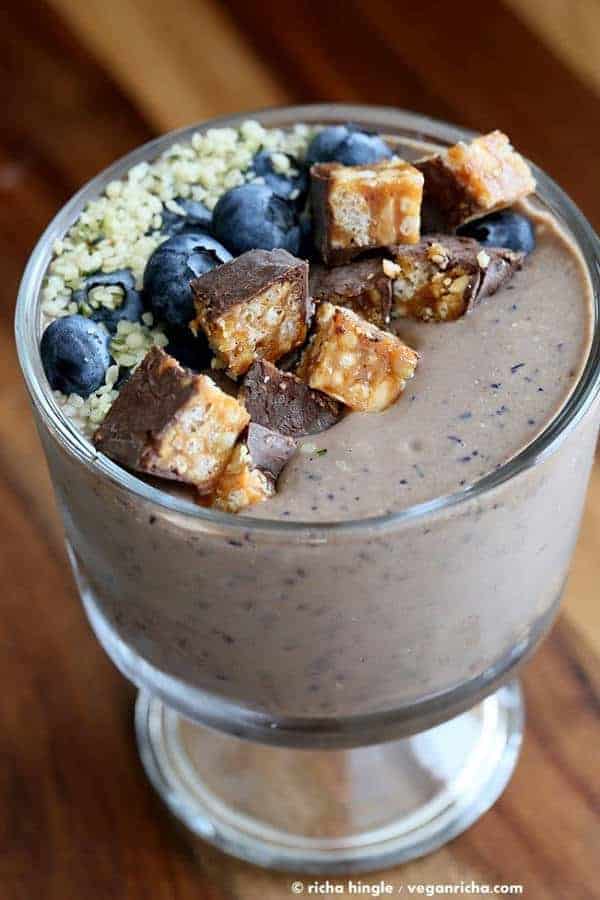 Blueberry Hazelnut Chocolate Hemp Smoothie Bowl with Chocolate Peanut Butter Cup Snack Bars