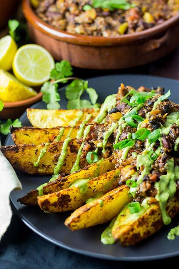 Cajun Chili Fries with Avocado Coriander Sauce