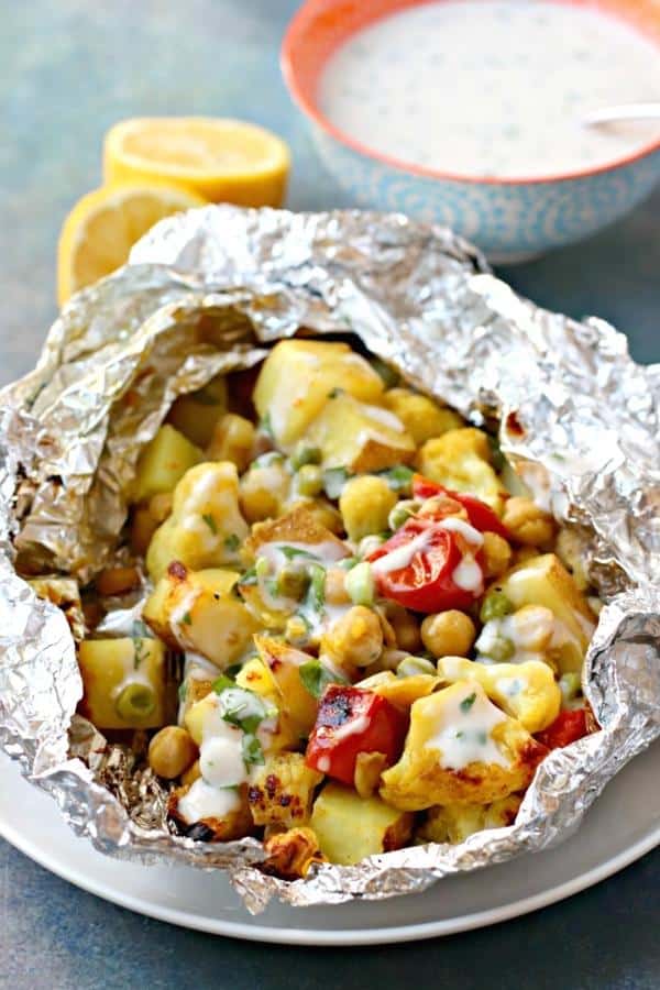 Cauliflower Curry Grill Packets with Yogurt Sauce