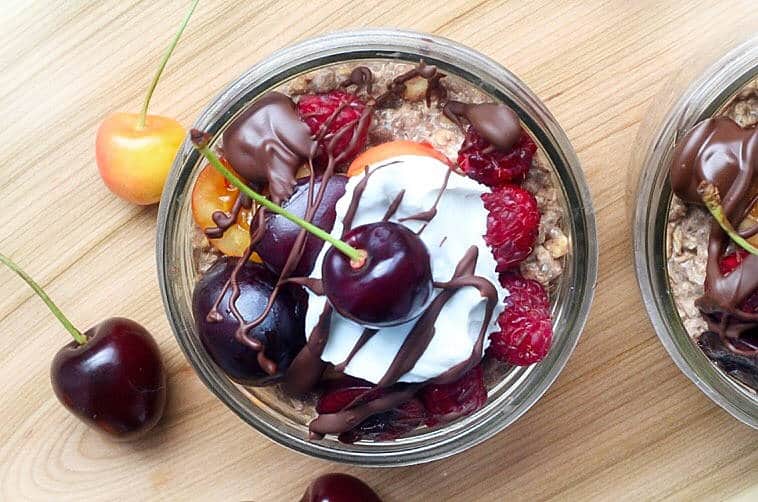 Cherry Overnight Oats with Chocolate and Coconut Whip