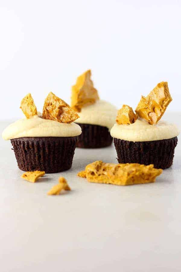 Chocolate Cupcakes with Caramel Frosting and Hokey Pokey