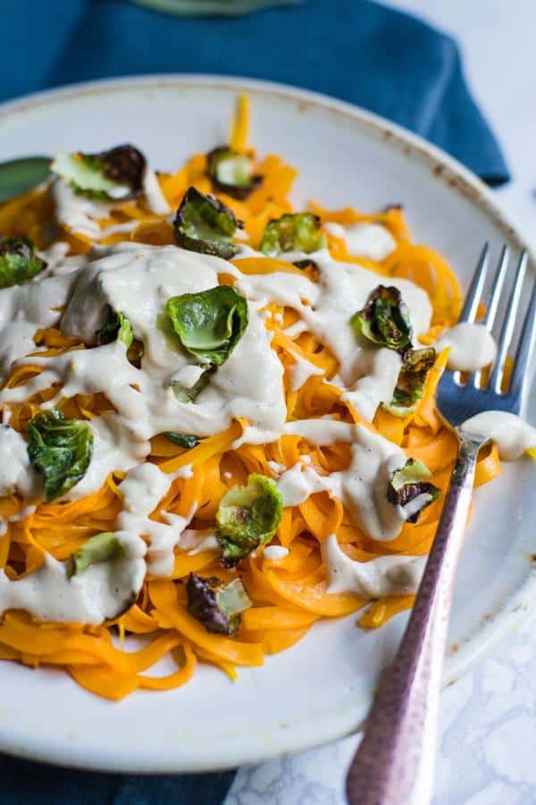 Creamy Butternut Squash Pasta with Crispy Brussels Sprouts