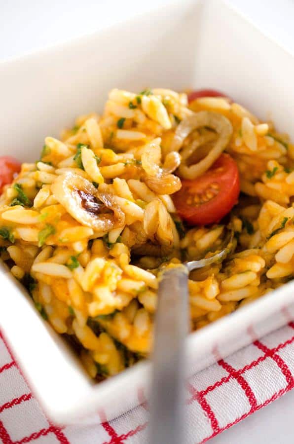 Creamy Orzo with Caramelized Onions and Kale