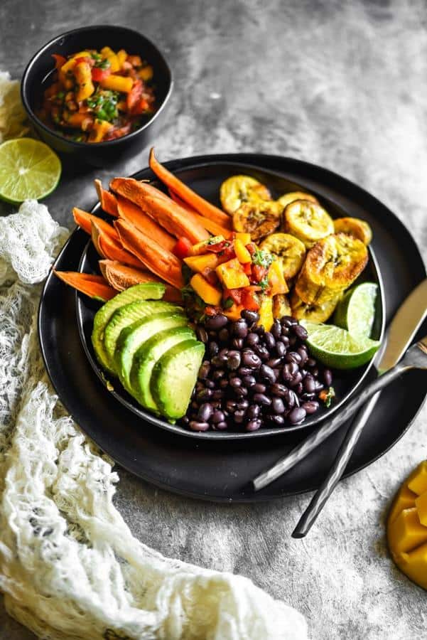 Cuban Black Bean and Plantain Plates with Mango Salsa