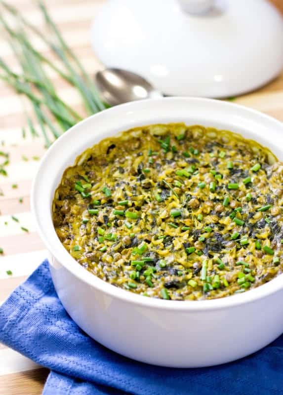 Curried Spinach Rice Lentil Bake