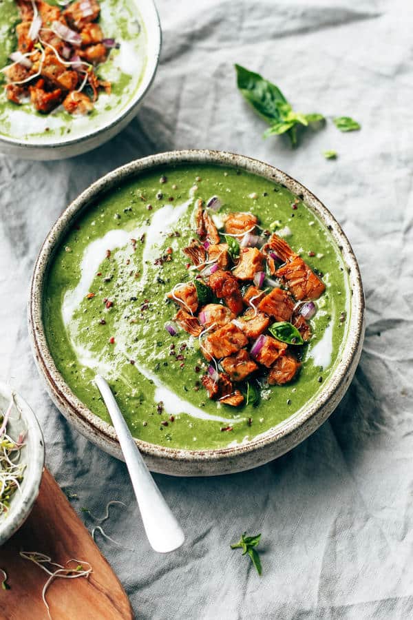 Curried Spinach Soup with Cashew Tempeh