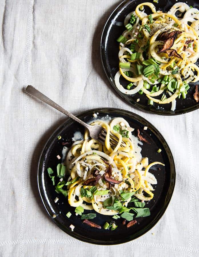 Daikon and Zucchini Noodles with a Ramp Tahini, Crispy Shiitakes and Quick Pickled Ramps