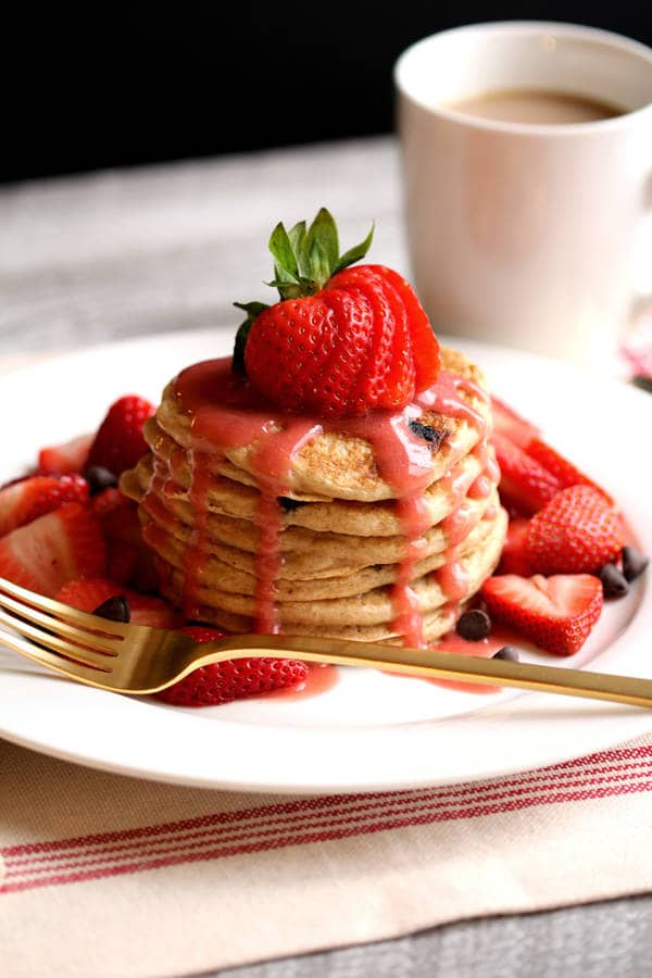 Fluffy Buttermilk Chocolate Chip Pancakes with Strawberry Syrup