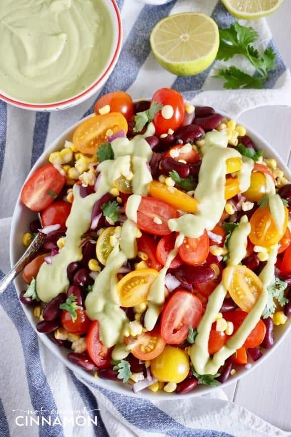 Fresh Corn, Black Bean and Tomato Salad with Avocado Lime Dressing