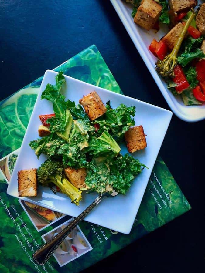 Garlicky Kale Salad with Balsamic Tofu and Broccoli