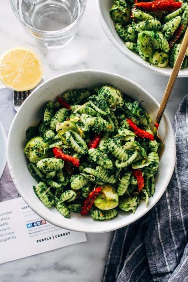 Kale Pesto Cavatelli with Crispy Roasted Brussels Sprouts